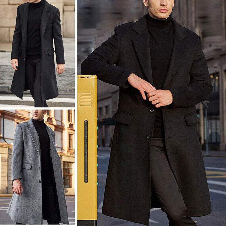 British Men's Long Trench Coat Woolen Coat - Mubimart