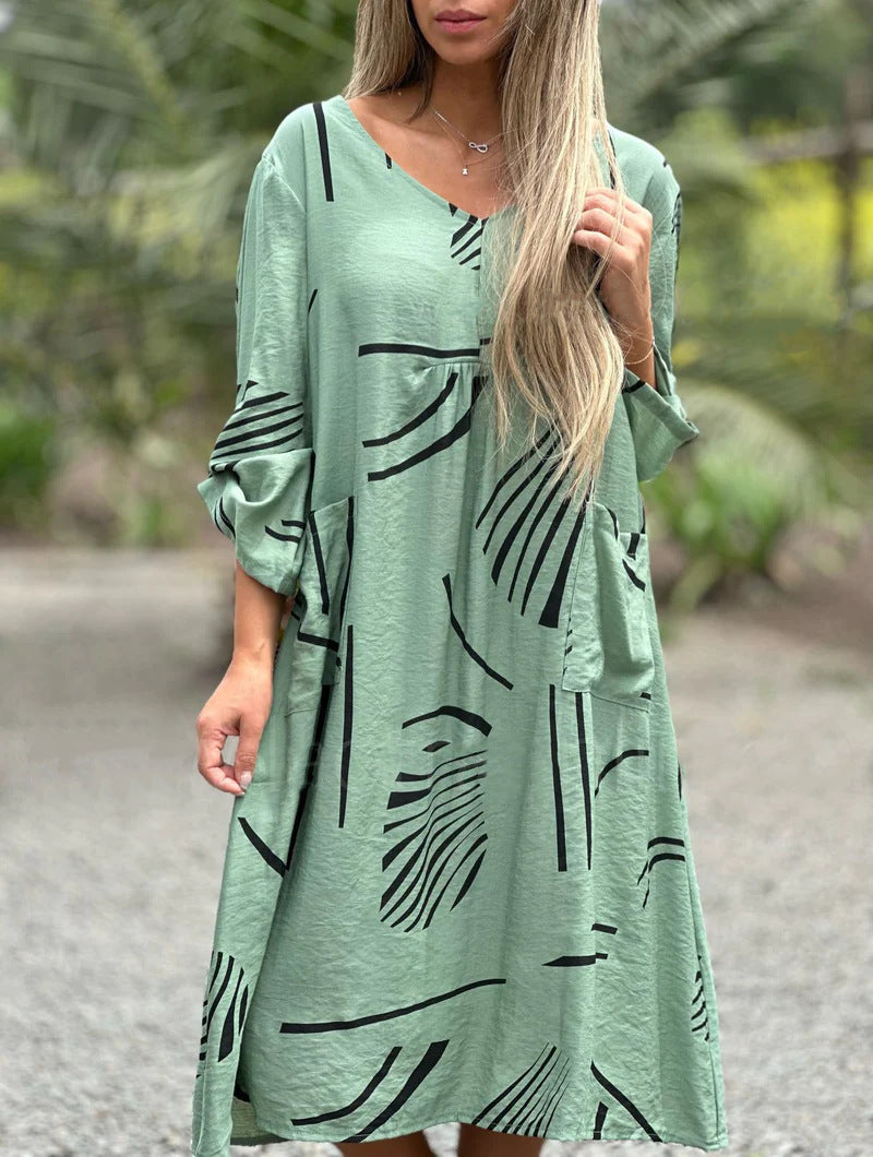 Fashion Printed V Neck Long Sleeve Dress Casual Loose Straight Dress Women's Clothing - Mubimart -  