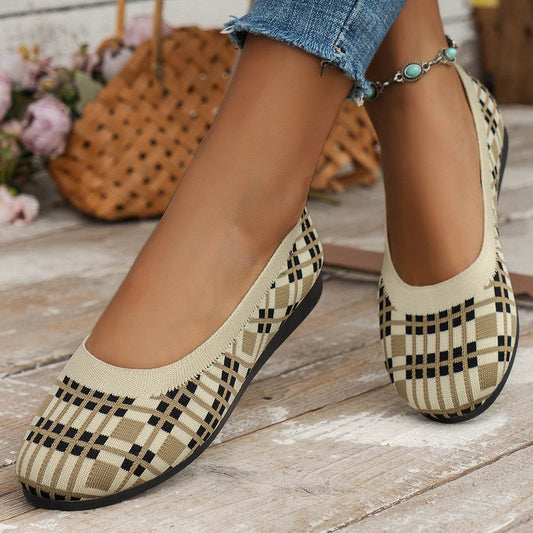 Fashion Plaid Print Flats Shoes New Fashion Casual Breathable Slip On Round-toe Mesh Shoes For Women - Mubimart
