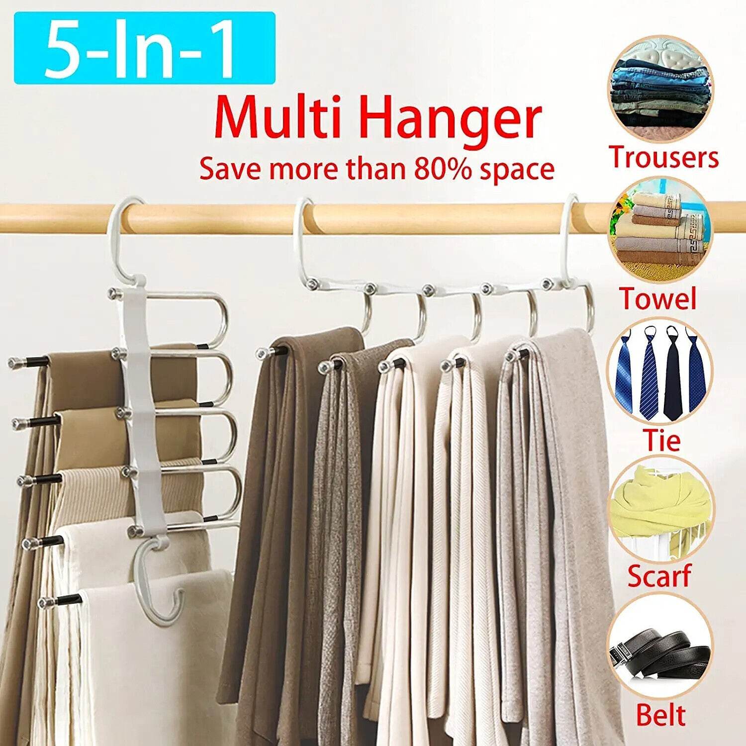 5 In1 Multi-functional Pants Rack Shelves Stainless Steel Wardrobe Magic Hanger - Mubimart