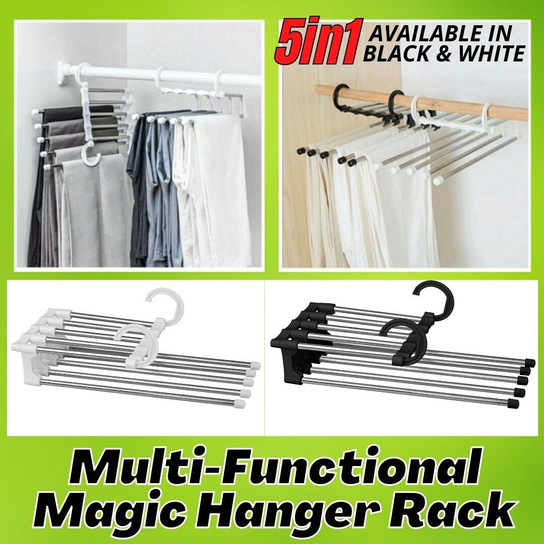 5 In1 Multi-functional Pants Rack Shelves Stainless Steel Wardrobe Magic Hanger - Mubimart -  