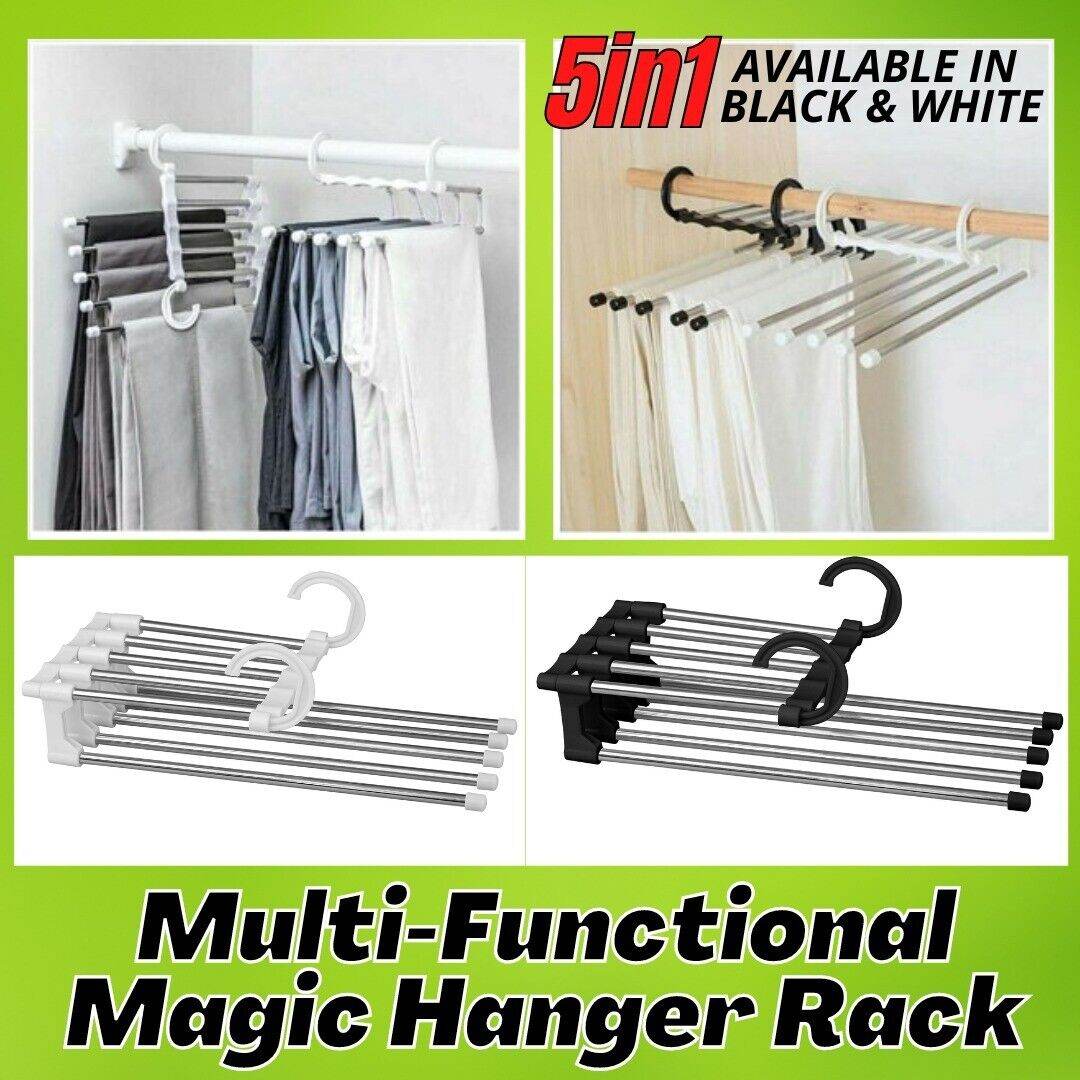 5 In1 Multi-functional Pants Rack Shelves Stainless Steel Wardrobe Magic Hanger - Mubimart