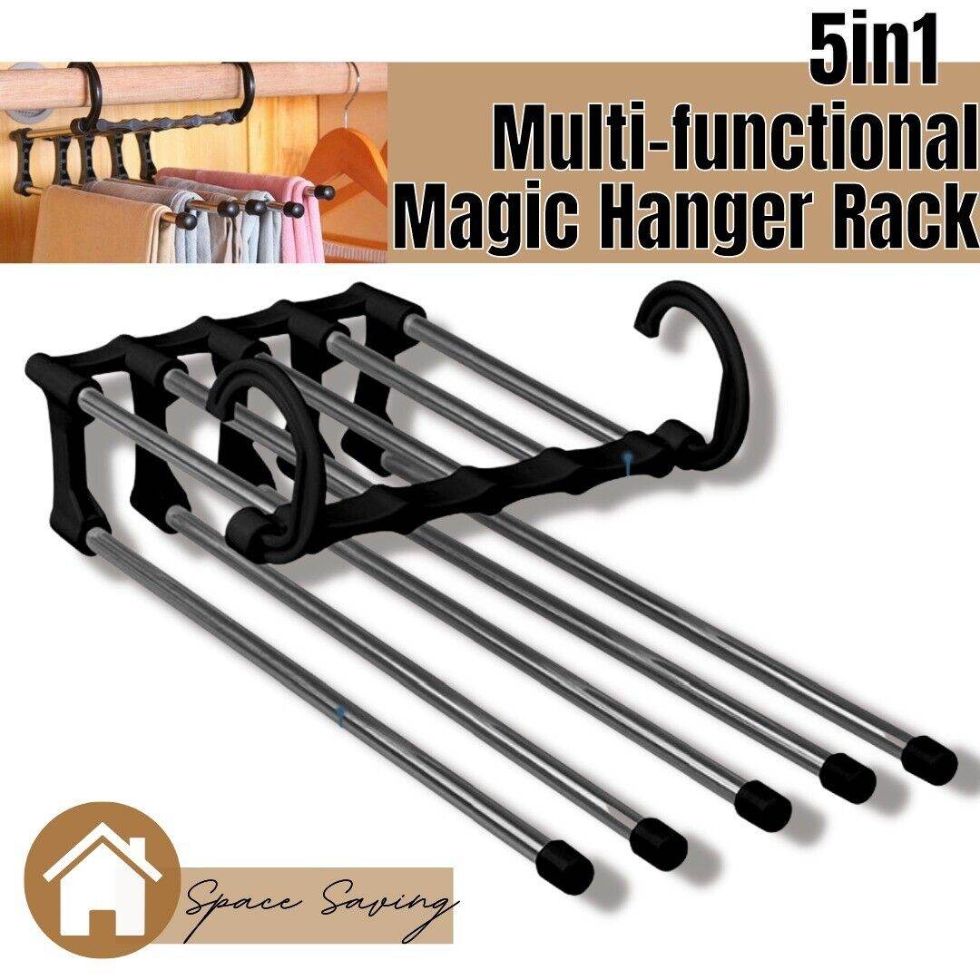 5 In1 Multi-functional Pants Rack Shelves Stainless Steel Wardrobe Magic Hanger - Mubimart