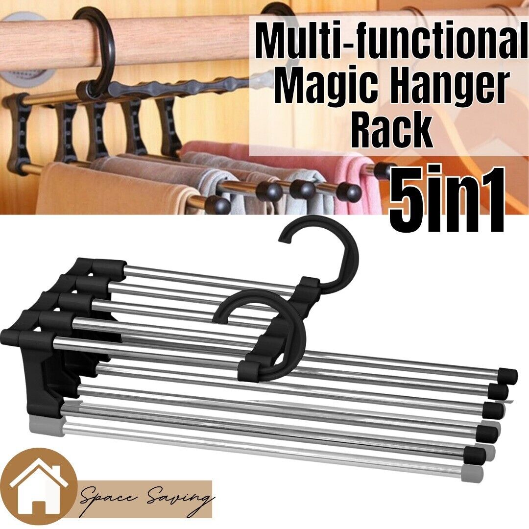 5 In1 Multi-functional Pants Rack Shelves Stainless Steel Wardrobe Magic Hanger - Mubimart -  