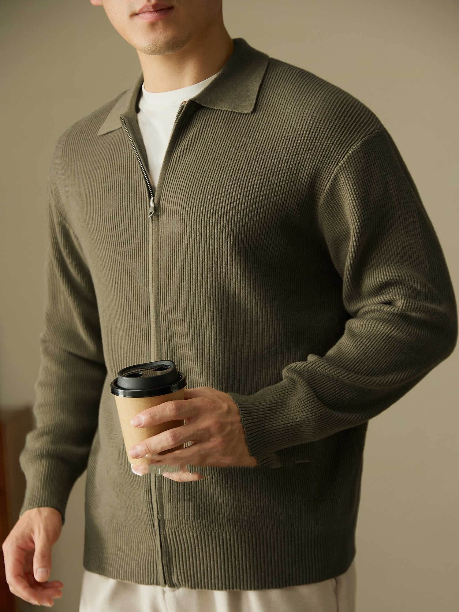 Wool Blended Men's Cardigan Zip Sweater - Mubimart