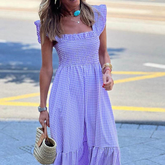 Fashionable Sleeveless Midi Plaid Dress - Mubimart