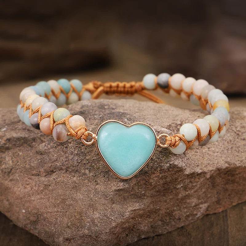 Classic Heart Shape Charm Bracelets Amazonite String Braided Macrame Wristband Teengirls Wrap Bracelet Femme Women Jewelry - Mubimart