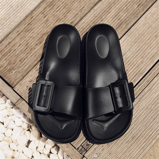 Solid Buckle Home Slippers Summer Non-slip Floor Bathroom Slipper Women Garden House Shoes - Mubimart