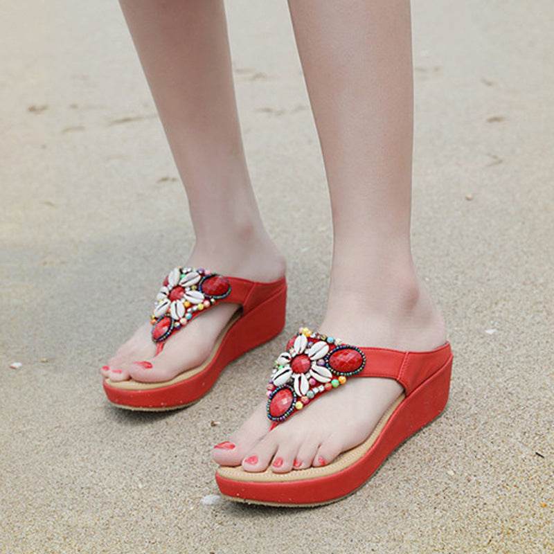 Bohemian beaded wedge sandals - Mubimart