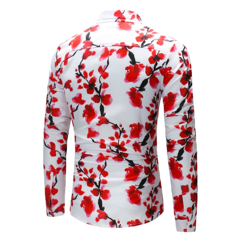 Plum Blossom Shirt Unique Print Hawaiian Men Flowers Shirt Fashion Slim Casual Soft Comfort Long Sleeve Dress Shirt