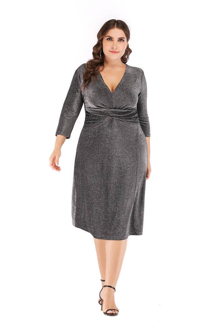 Plus Size V-neck 34 Sleeves High Waist Midi Skirt Bright Silk Party Dress - Mubimart