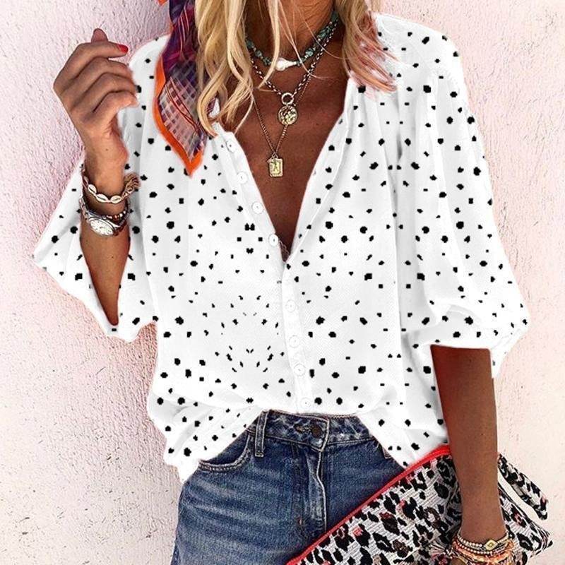 Printed Long Sleeve V-neck Button Ladies Blouse Women - Mubimart