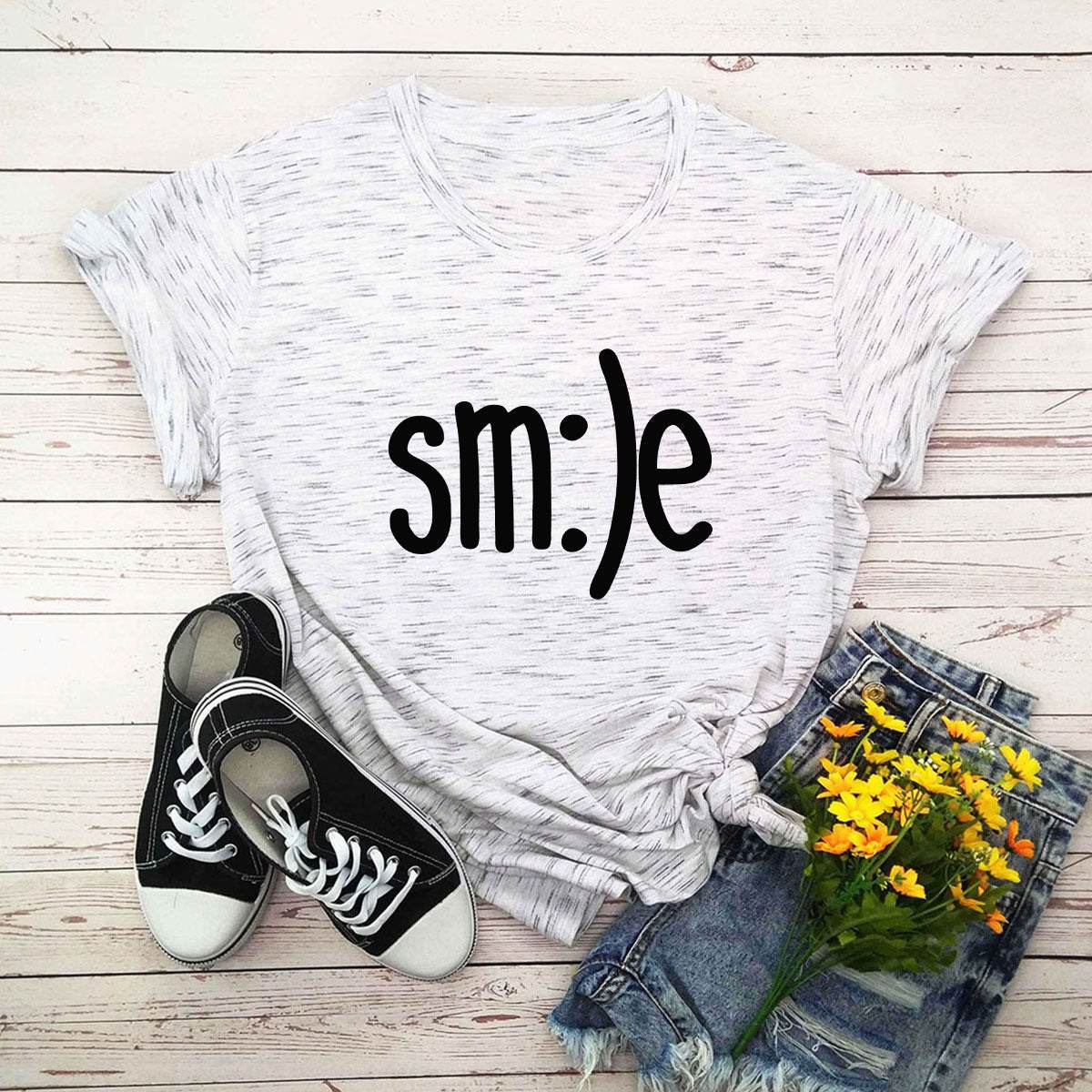S-5XL Plus Size TShirt Women New Smile Letter Printed Shirt O Neck Short Sleeve Tees Summer Top 100%cotton Women's T-shirts - Mubimart