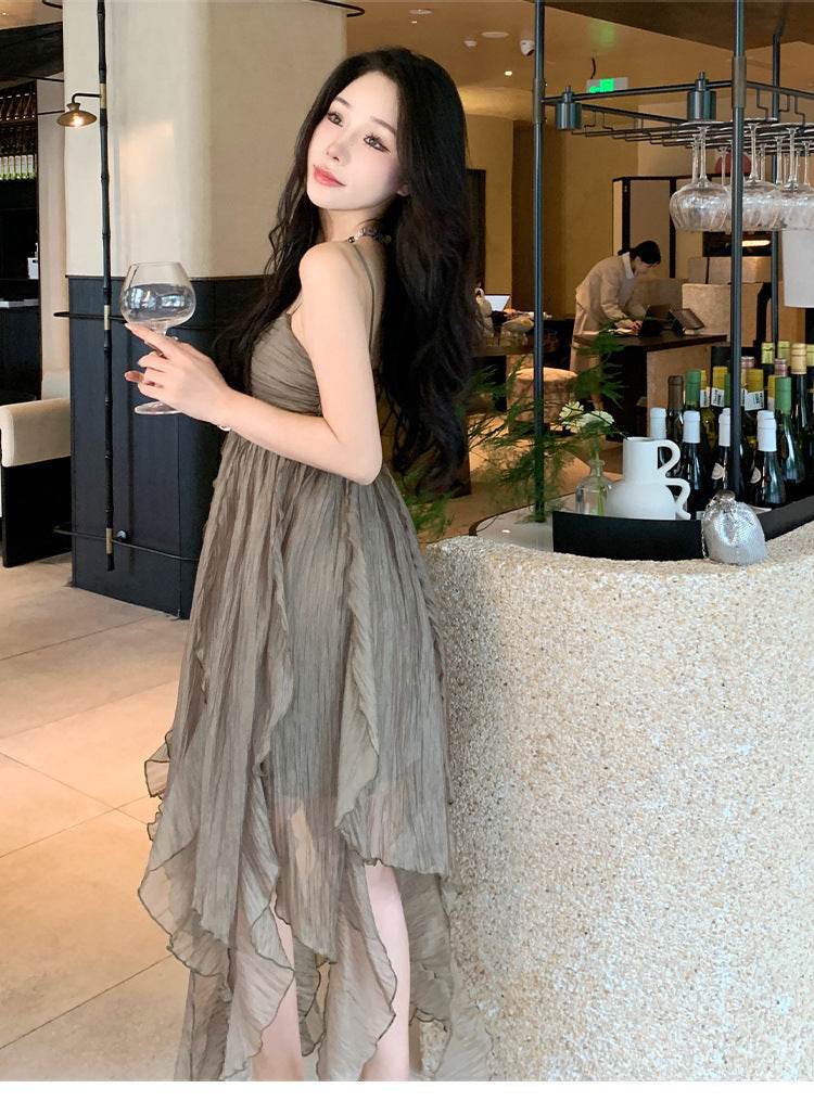 Pleated Irregular Elegant Midi Dress - Mubimart