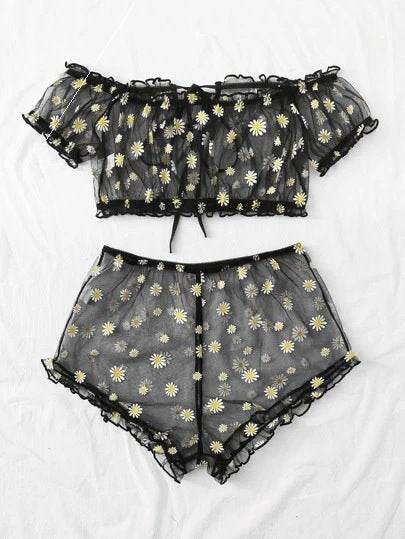 Women's Mesh Printed Lingerie Set - Mubimart