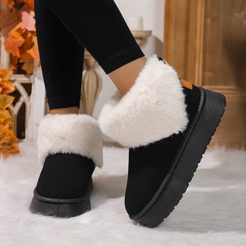 Winter Plush Snow Boots Fashion Round Toe Flat Thickened Suede Cotton Shoes For Women Casual Warm Short Boot - Mubimart