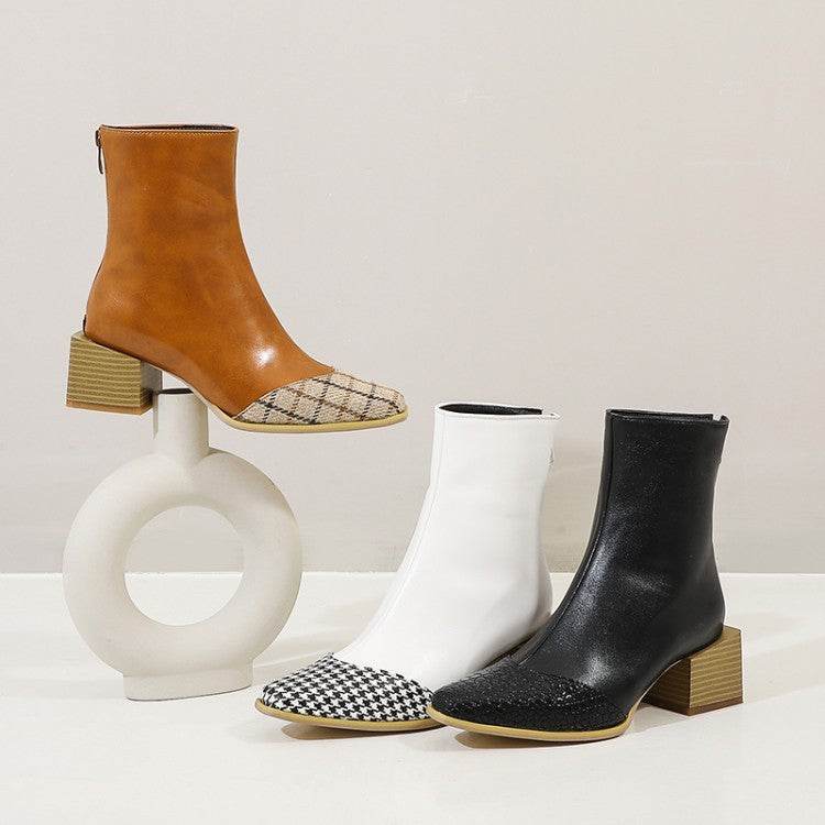 Plus Size British Short Boots Women Pointed Thick Heel Zipper Martin Boots Leather Boots Women - Mubimart