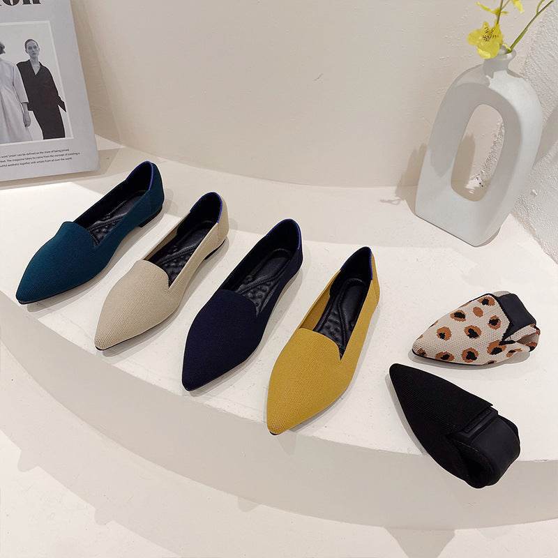 Women's Flying Pointed Toe Flat Knitted Roll Shoes - Mubimart