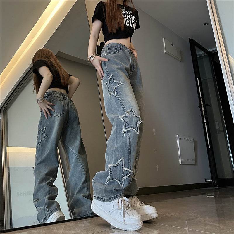 Blue XINGX Embroidered Jeans Women Loose Straight-leg Wide-leg Pants - Mubimart