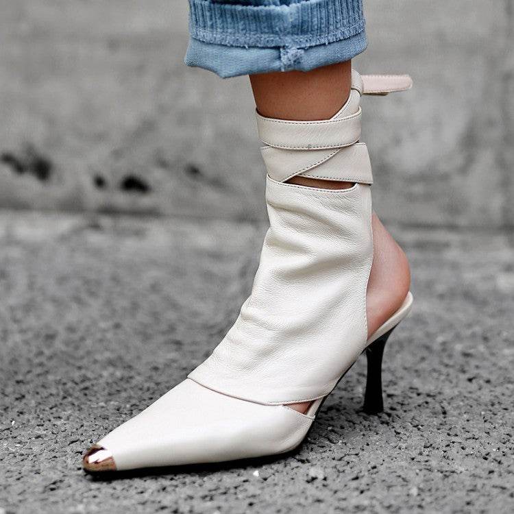 Pointed Toe Stilettos Women's Shoes Sandals Metal Toe Hollow Sandals - Mubimart