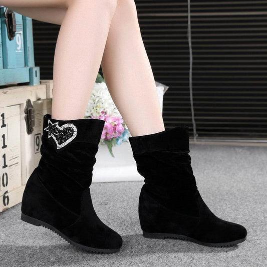 Women's Nubuck Wedge Long Suede Inner Booster Flat Tall Boots - Mubimart