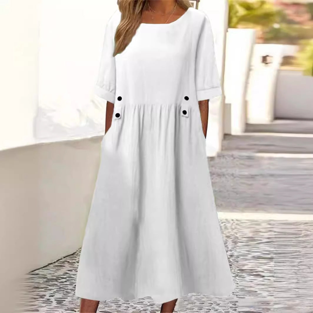 Plus Size Casual Round Neck Shirt With Half Sleeve Button Dress Women - Mubimart -  