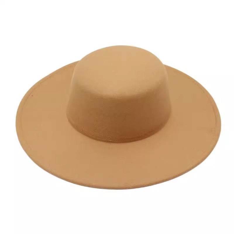 Flat Top Woolen Hat Big Brim Fedora Hat Hepburn Style - Mubimart