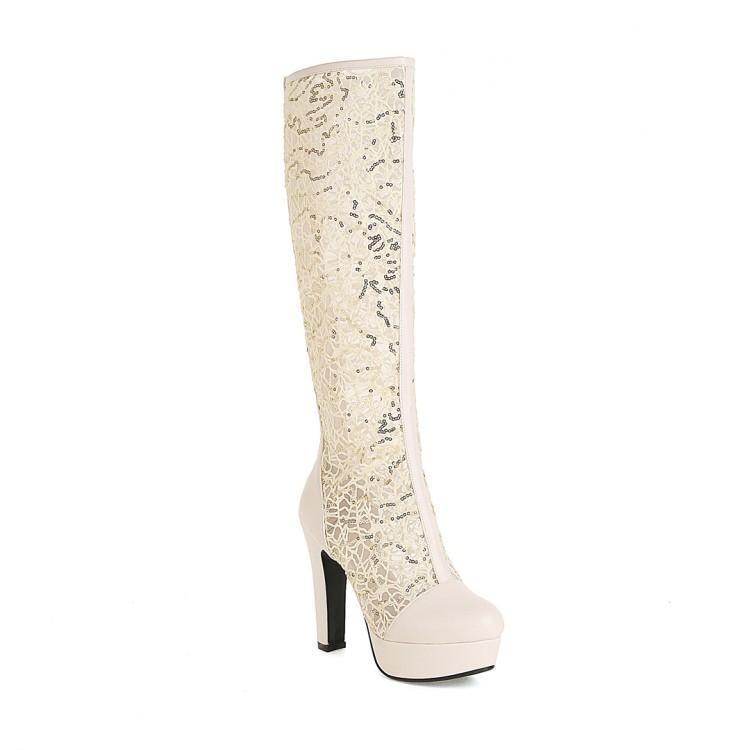 Summer Lace Thick High Heel Platform Women's High-top Mesh Sandal Boots - Mubimart