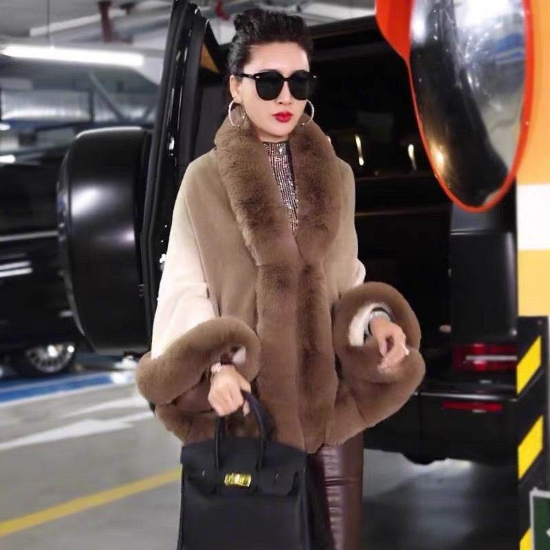 Plus Size Women's Knit Cardigan Jacket Fur Collar Gradient Shawl Cape - Mubimart