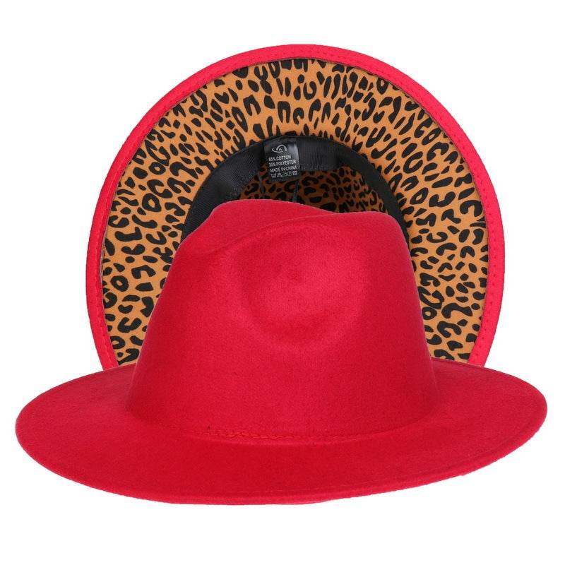Double-sided Color-blocking Leopard Print Woolen Fedora Hat - Mubimart