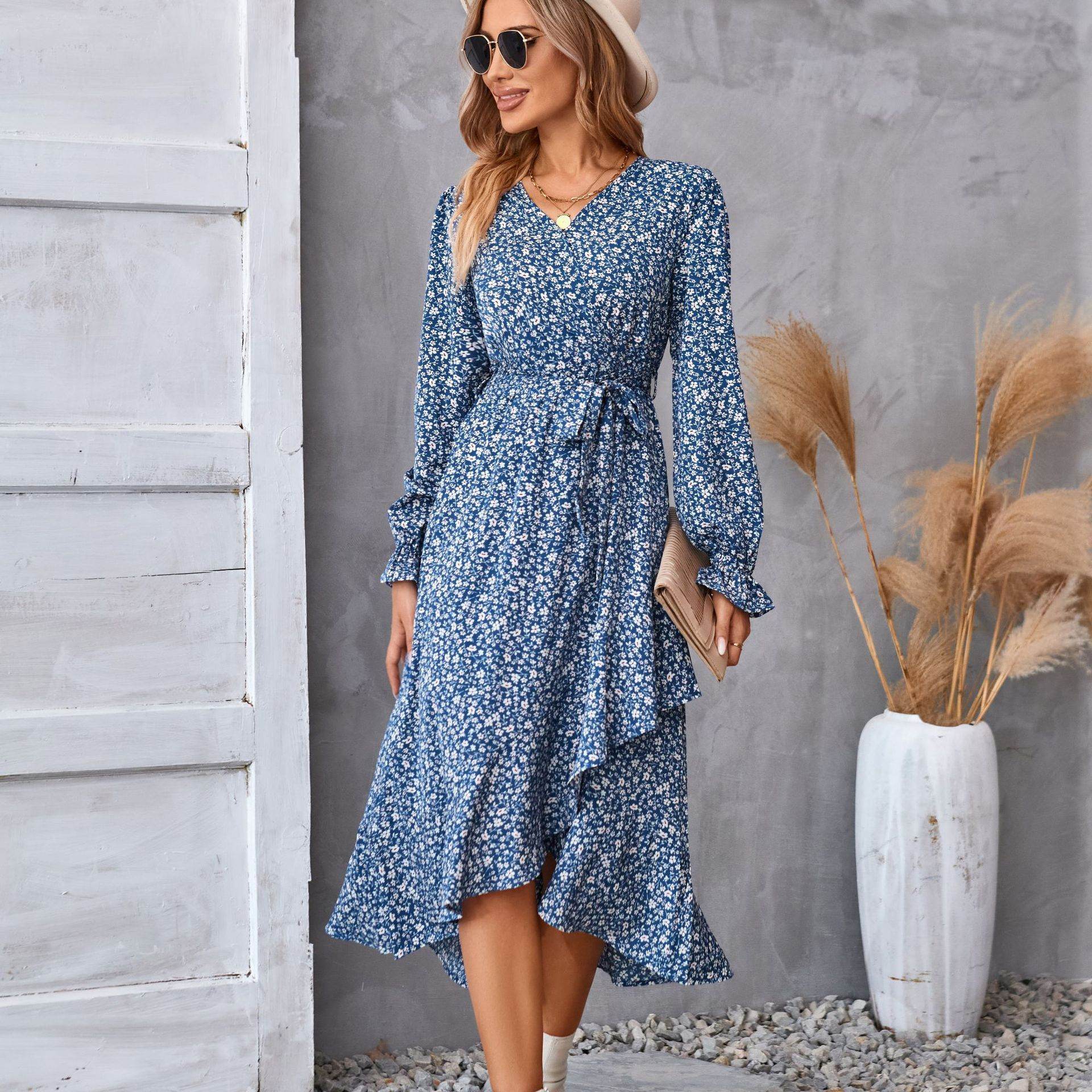 Flowers Print Long Sleeve Dress Fashion Ruffled Commuter Temperament Dresses Womens Clothing - Mubimart