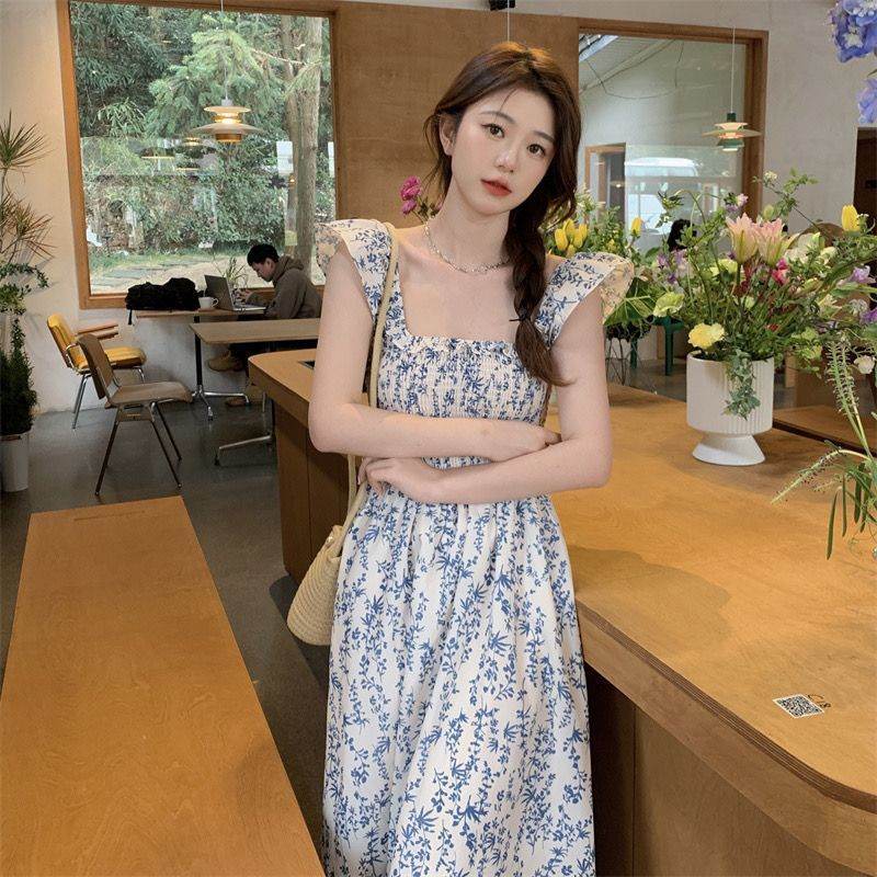 Blue Floral Slip Dress Flying Sleeve Vacation Dress - Mubimart