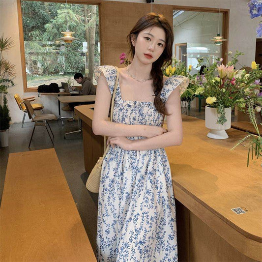 Blue Floral Slip Dress Flying Sleeve Vacation Dress - Mubimart