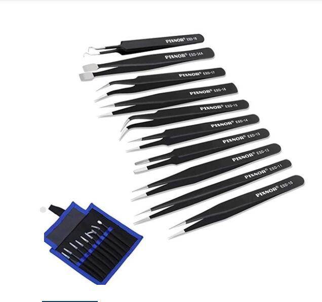Stainless steel tweezers pointed elbow tweezers 10 Piece canvas bag tweezers Kit - Mubimart