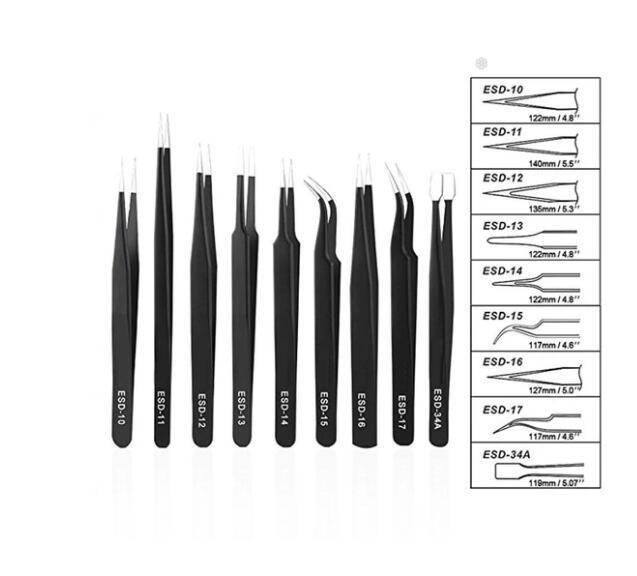 Stainless steel tweezers pointed elbow tweezers 10 Piece canvas bag tweezers Kit - Mubimart