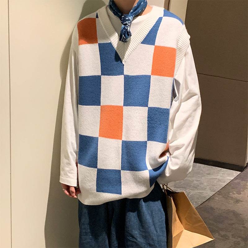 Men's Plaid Sweater V-Neck Knitted Vest - Mubimart