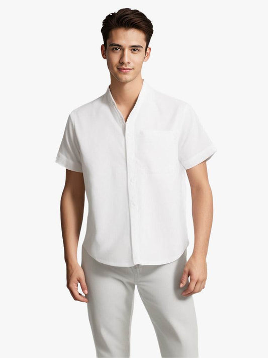 Solid-color Short-sleeved Lapel Shirt Summer Breathable Cotton And Linen Top Mens Clothing - Mubimart