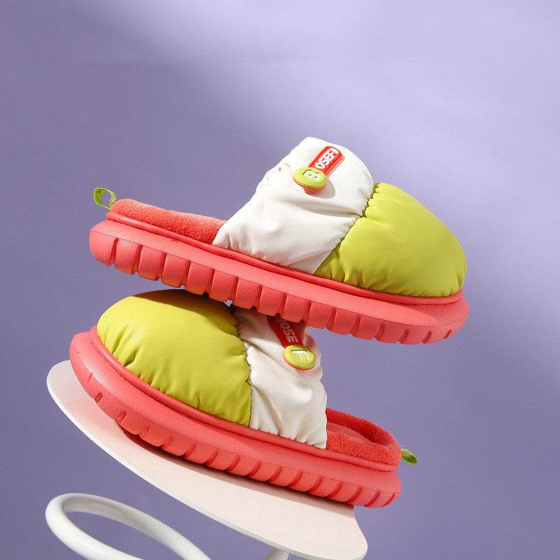 Mixed-color Down Cotton Slippers Winter Warm Indoor Non-slip Couple Thick-soled Home Shoes For Women Fashion Fuzzy House Slipper - Mubimart