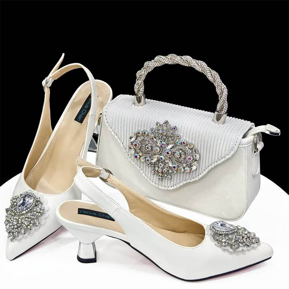 Casual French Style Small Square Pointed Toe Slingback High Heels Women's Shoes And Bags Suit - Mubimart
