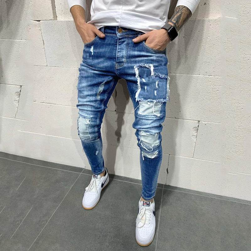 Men's Ripped Slim Fit Patch Jeans Fashion - Mubimart