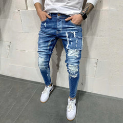 Heren Ripped Slim Fit Patch Jeans Mode