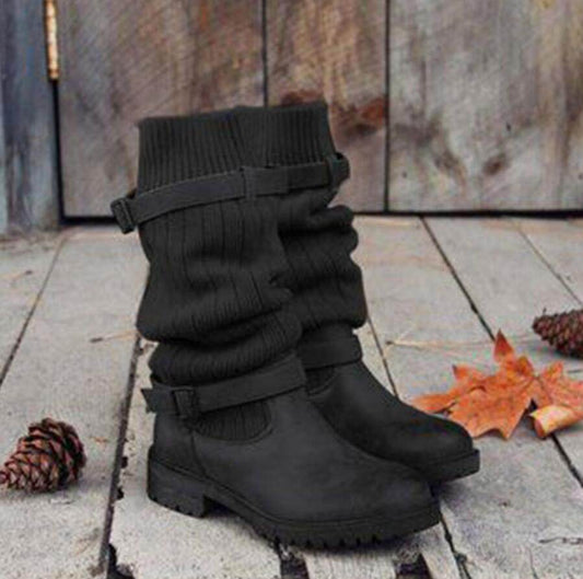 Vintage Style Winter Women Lady Warm Plush Fur Knitted Woolen Cotton Booties Martin Boot Shoes - Mubimart