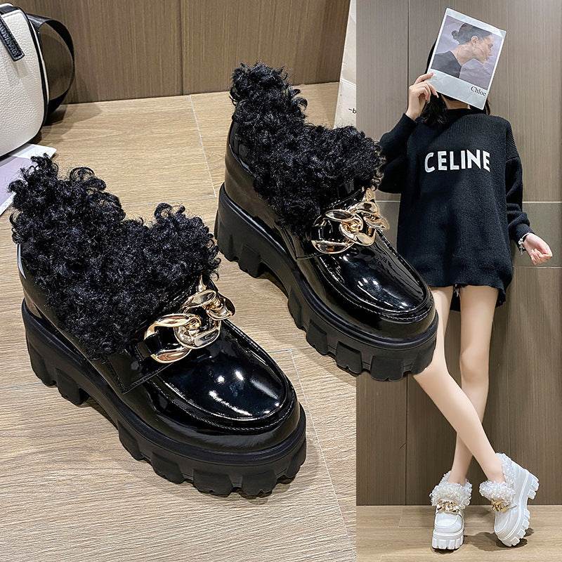 Fashion Plus Fluffy Mouth Thick Soled High Loafers Women - Mubimart