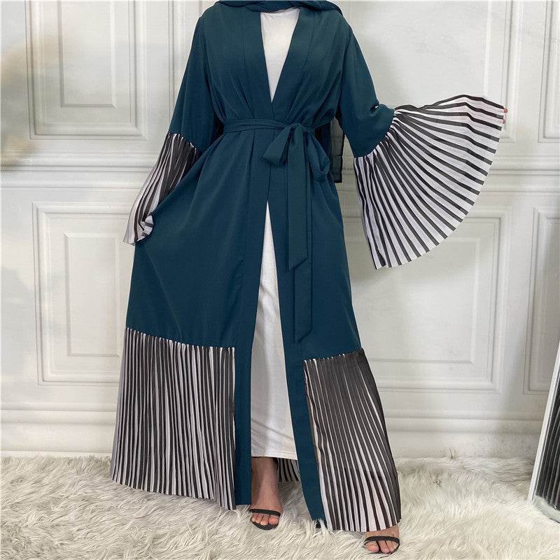 Pleated Hem Robe Women Arabian Long Cardigan - Mubimart
