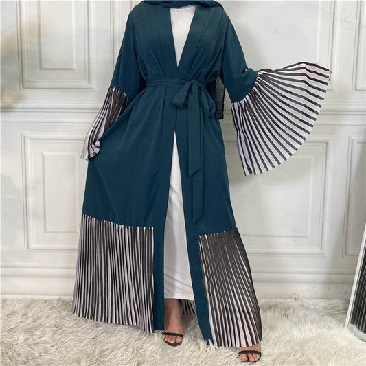 Pleated Hem Robe Women Arabian Long Cardigan - Mubimart