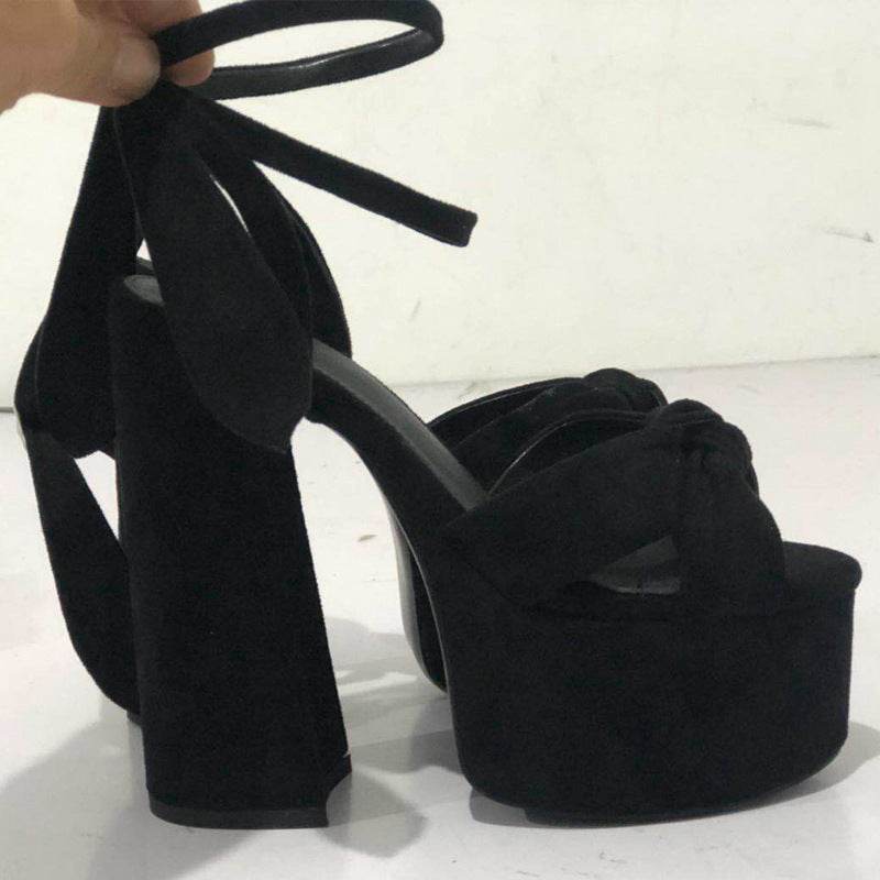 Summer Peep Toe Platform Thick Heel Bowknot Lace-up Super High Heels - Mubimart