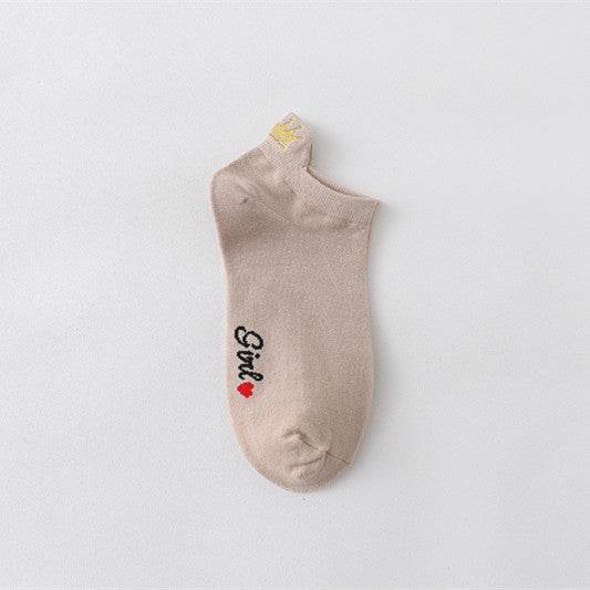 Women's Heel Crown Embroidered Combed Cotton Low Top Low Cut Socks Boat Socks - Mubimart