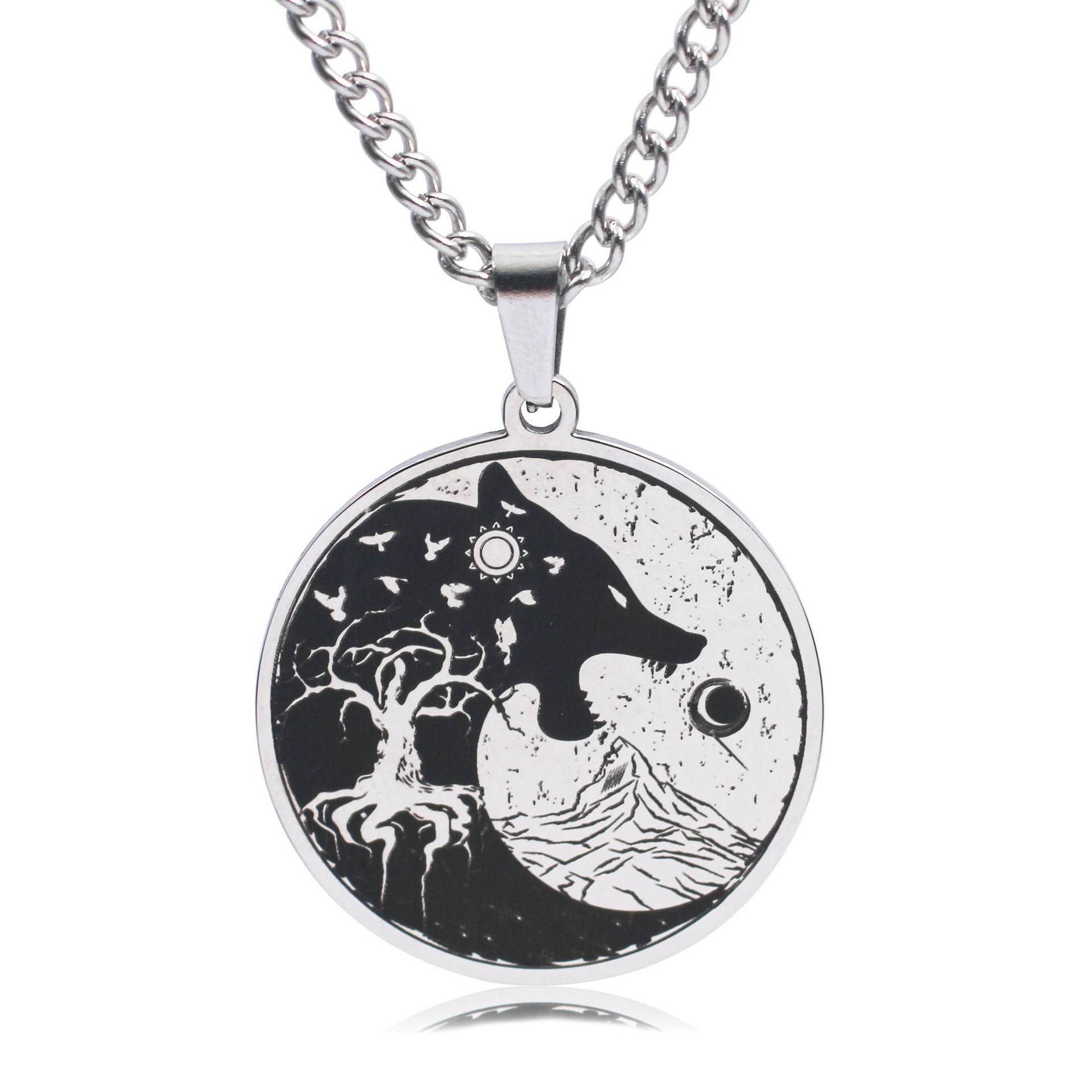 Mens Vintage Wolf Head Tree Of Life Pendant Necklace - Mubimart