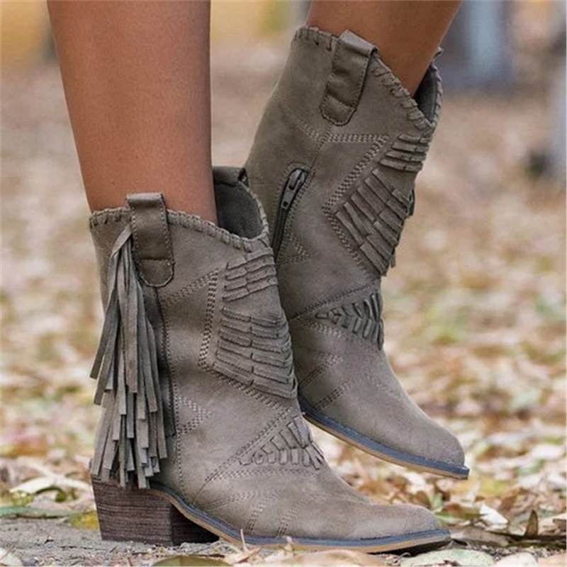 Mid-calf Chunky Heel Women's Side Zipper Boots - Mubimart
