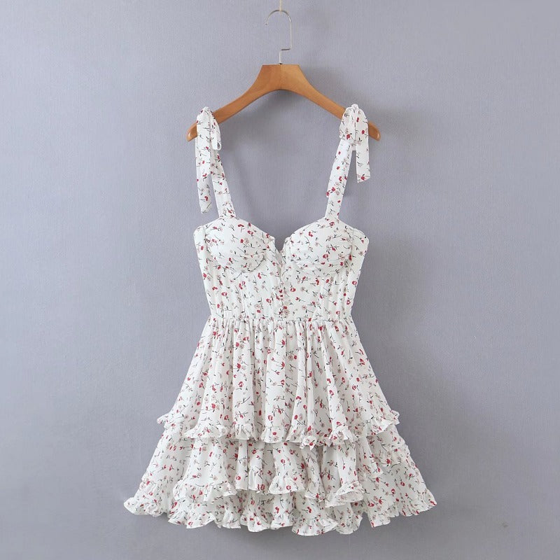 Suspender Lace-up Corset Round Neck Layered Wooden Ear Cake Dress Dress - Mubimart -  